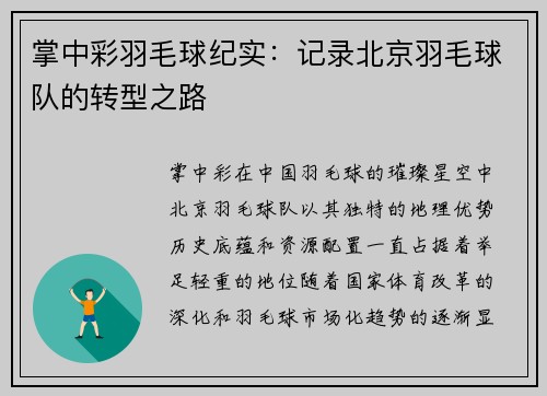 掌中彩羽毛球纪实：记录北京羽毛球队的转型之路