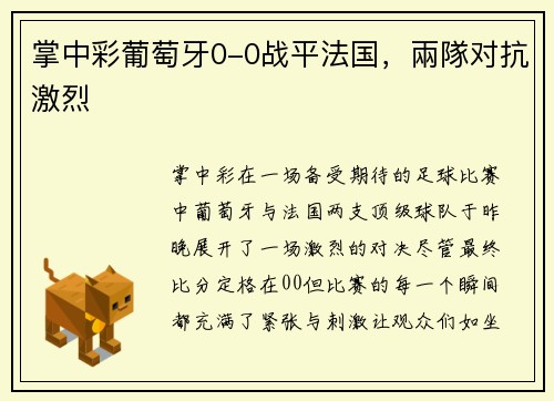 掌中彩葡萄牙0-0战平法国，兩隊对抗激烈