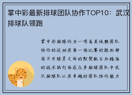 掌中彩最新排球团队协作TOP10：武汉排球队领跑