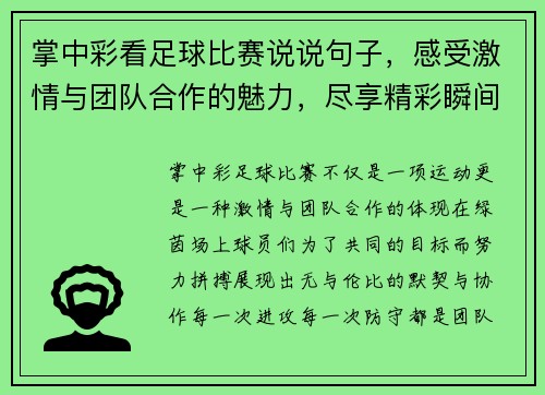 掌中彩看足球比赛说说句子，感受激情与团队合作的魅力，尽享精彩瞬间与胜利的喜悦