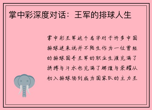 掌中彩深度对话：王军的排球人生