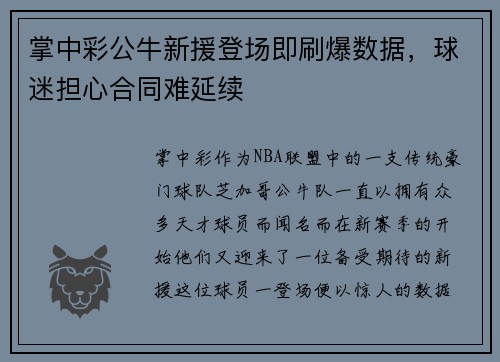 掌中彩公牛新援登场即刷爆数据，球迷担心合同难延续