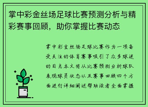 掌中彩金丝场足球比赛预测分析与精彩赛事回顾，助你掌握比赛动态
