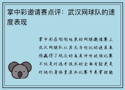 掌中彩邀请赛点评：武汉网球队的速度表现