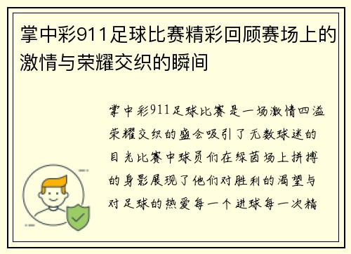 掌中彩911足球比赛精彩回顾赛场上的激情与荣耀交织的瞬间
