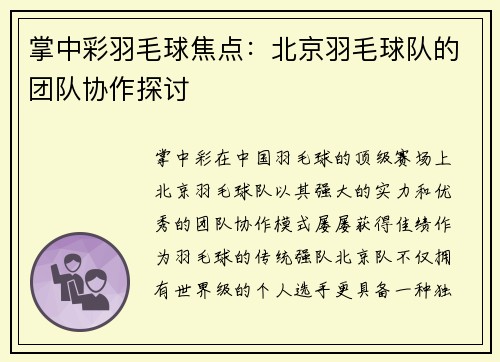 掌中彩羽毛球焦点：北京羽毛球队的团队协作探讨