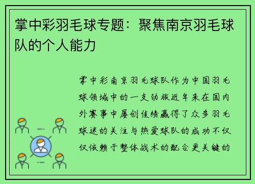 掌中彩羽毛球专题：聚焦南京羽毛球队的个人能力