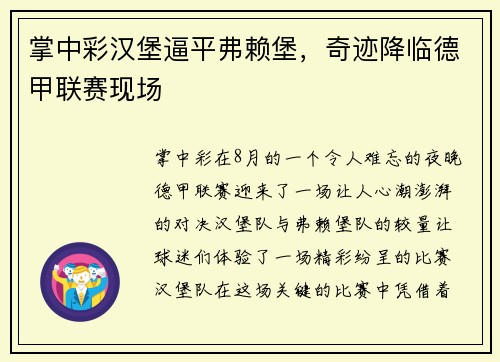 掌中彩汉堡逼平弗赖堡，奇迹降临德甲联赛现场
