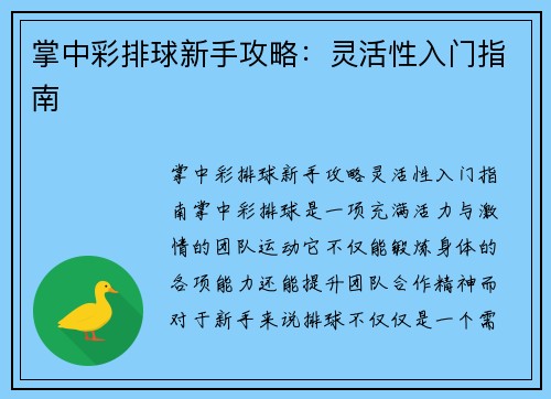 掌中彩排球新手攻略：灵活性入门指南