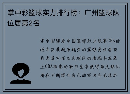 掌中彩篮球实力排行榜：广州篮球队位居第2名