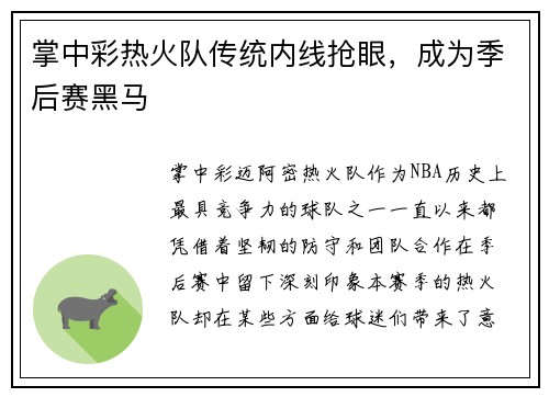 掌中彩热火队传统内线抢眼，成为季后赛黑马