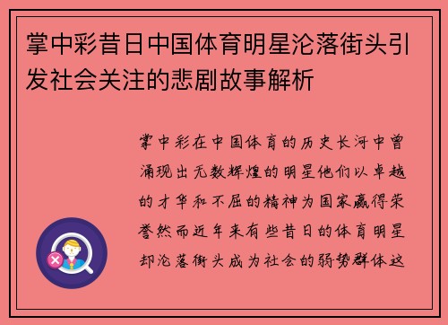 掌中彩昔日中国体育明星沦落街头引发社会关注的悲剧故事解析
