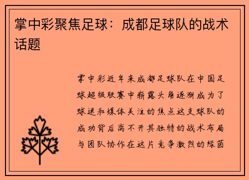 掌中彩聚焦足球：成都足球队的战术话题