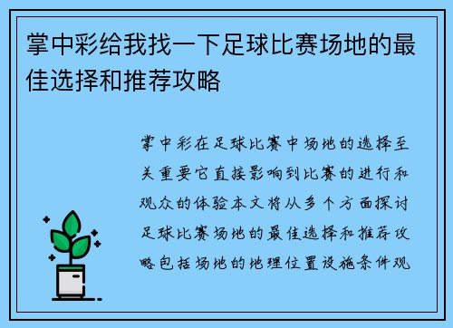 掌中彩给我找一下足球比赛场地的最佳选择和推荐攻略