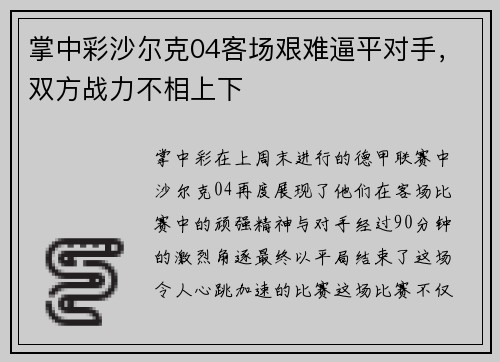 掌中彩沙尔克04客场艰难逼平对手，双方战力不相上下