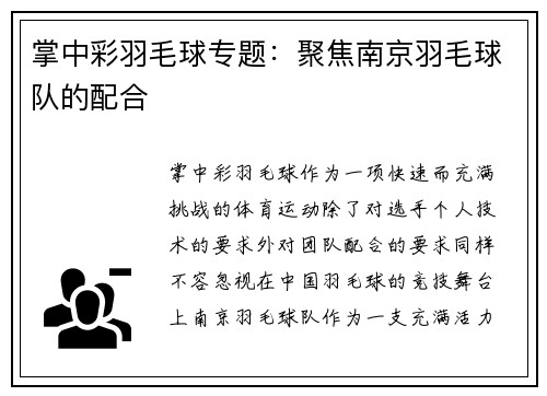 掌中彩羽毛球专题：聚焦南京羽毛球队的配合